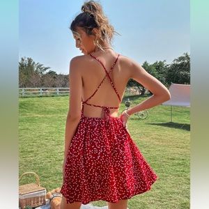 Confetti Heart Print Crisscross Tie Backless Cami Summer Dress Size Small